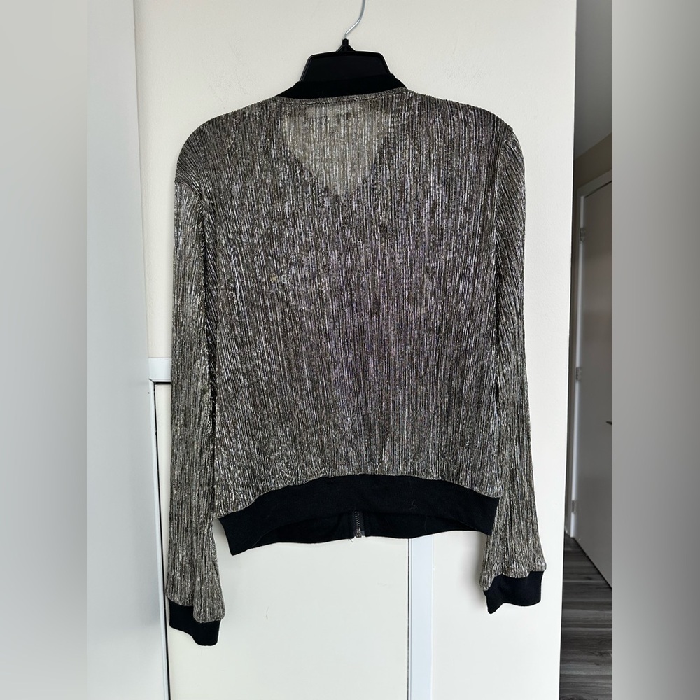 Alice Blue Metallic Gold Ribbed Trim Cropped Jacket Shimmer Evening Layer | Sz S - Picture 8 of 8